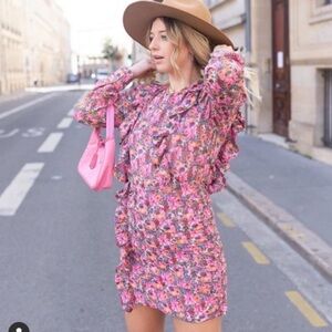 NWT Zara Draped long sleeve bodycon pink floral mini dress